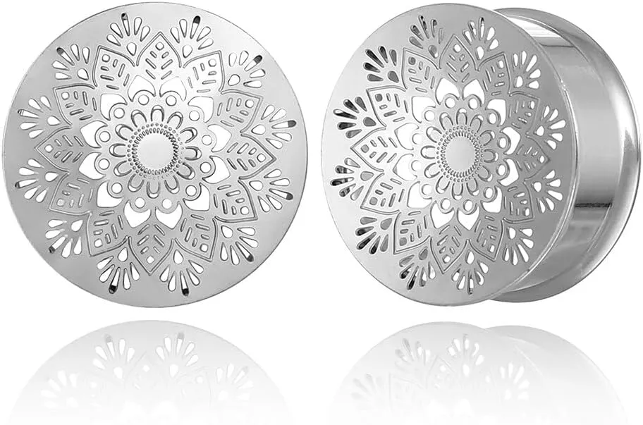2PCS Beauty Gauges for Ears Hypoallergenic 316 Stainless Steel Hollow Flower Ear Plugs Tunnels 8mm-25mm (0G-1") Body Piercing Jewelry for Women Men
