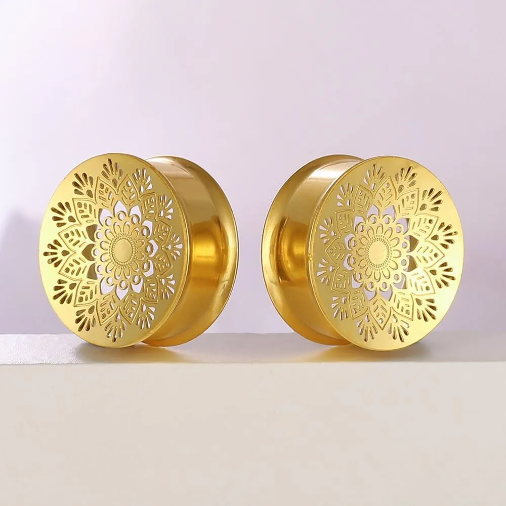 2PCS Beauty Gauges for Ears Hypoallergenic 316 Stainless Steel Hollow Flower Ear Plugs Tunnels 8mm-25mm (0G-1") Body Piercing Jewelry for Women Men