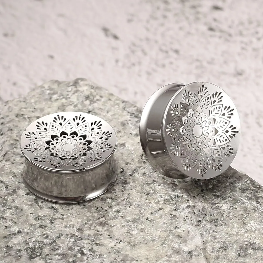 2PCS Beauty Gauges for Ears Hypoallergenic 316 Stainless Steel Hollow Flower Ear Plugs Tunnels 8mm-25mm (0G-1") Body Piercing Jewelry for Women Men