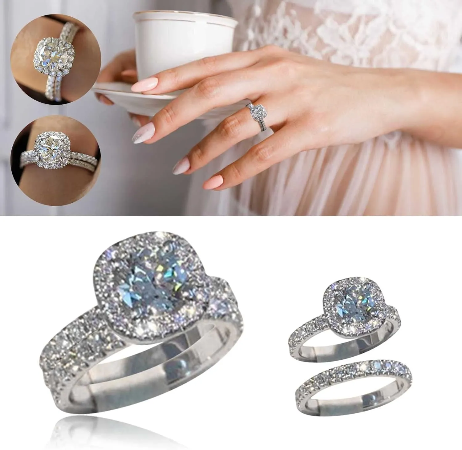 2PCS Couple Artificial Diamond Rings Women Wedding Band Proposal Ring Zircon Diamond Rings Set Engagement Jewelry