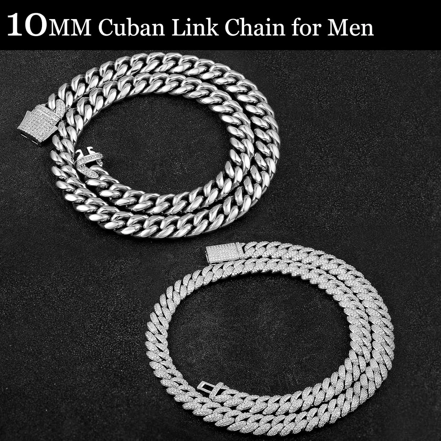 2PCS Cuban Link Chain for Men Women, 10MM Iced Out Diamond Chains 18K White Gold Plated Miami Chain Necklaces Choker Bling Luxury 5A  CZ Hip Hop Mens Jewelry Silver Thick Cuban Chain 16/18/20/22inch