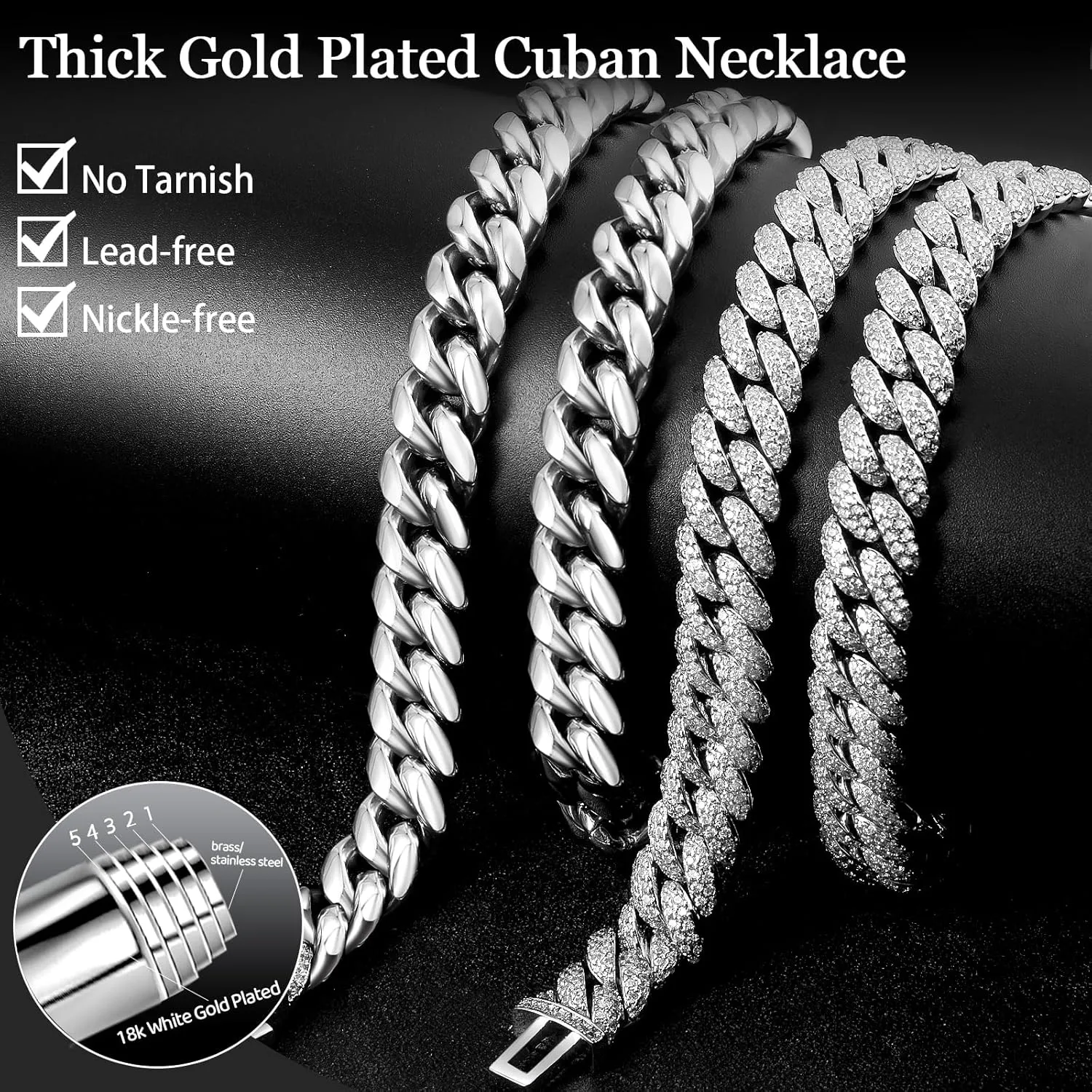 2PCS Cuban Link Chain for Men Women, 10MM Iced Out Diamond Chains 18K White Gold Plated Miami Chain Necklaces Choker Bling Luxury 5A  CZ Hip Hop Mens Jewelry Silver Thick Cuban Chain 16/18/20/22inch
