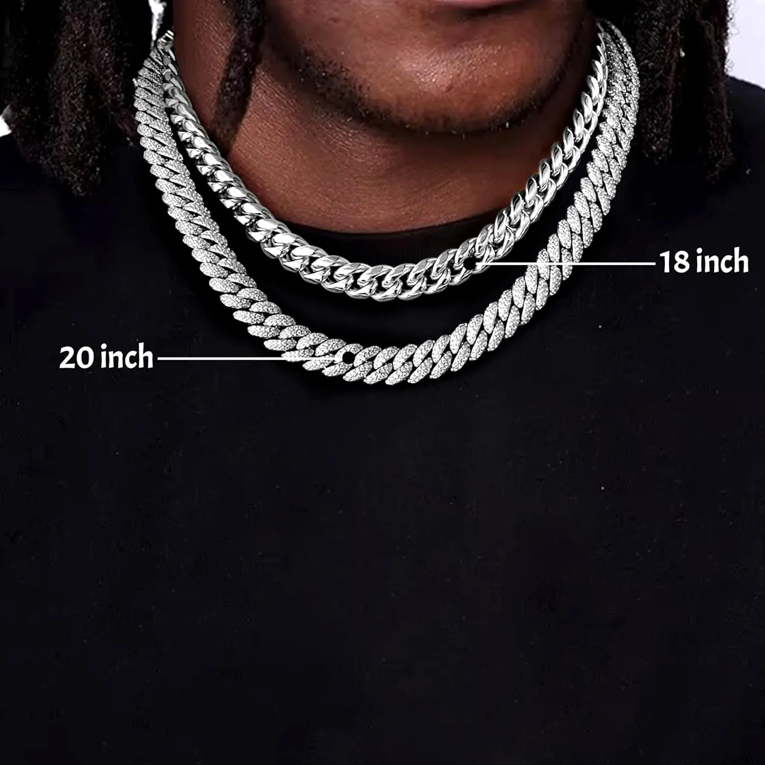 2PCS Cuban Link Chain for Men Women, 10MM Iced Out Diamond Chains 18K White Gold Plated Miami Chain Necklaces Choker Bling Luxury 5A  CZ Hip Hop Mens Jewelry Silver Thick Cuban Chain 16/18/20/22inch