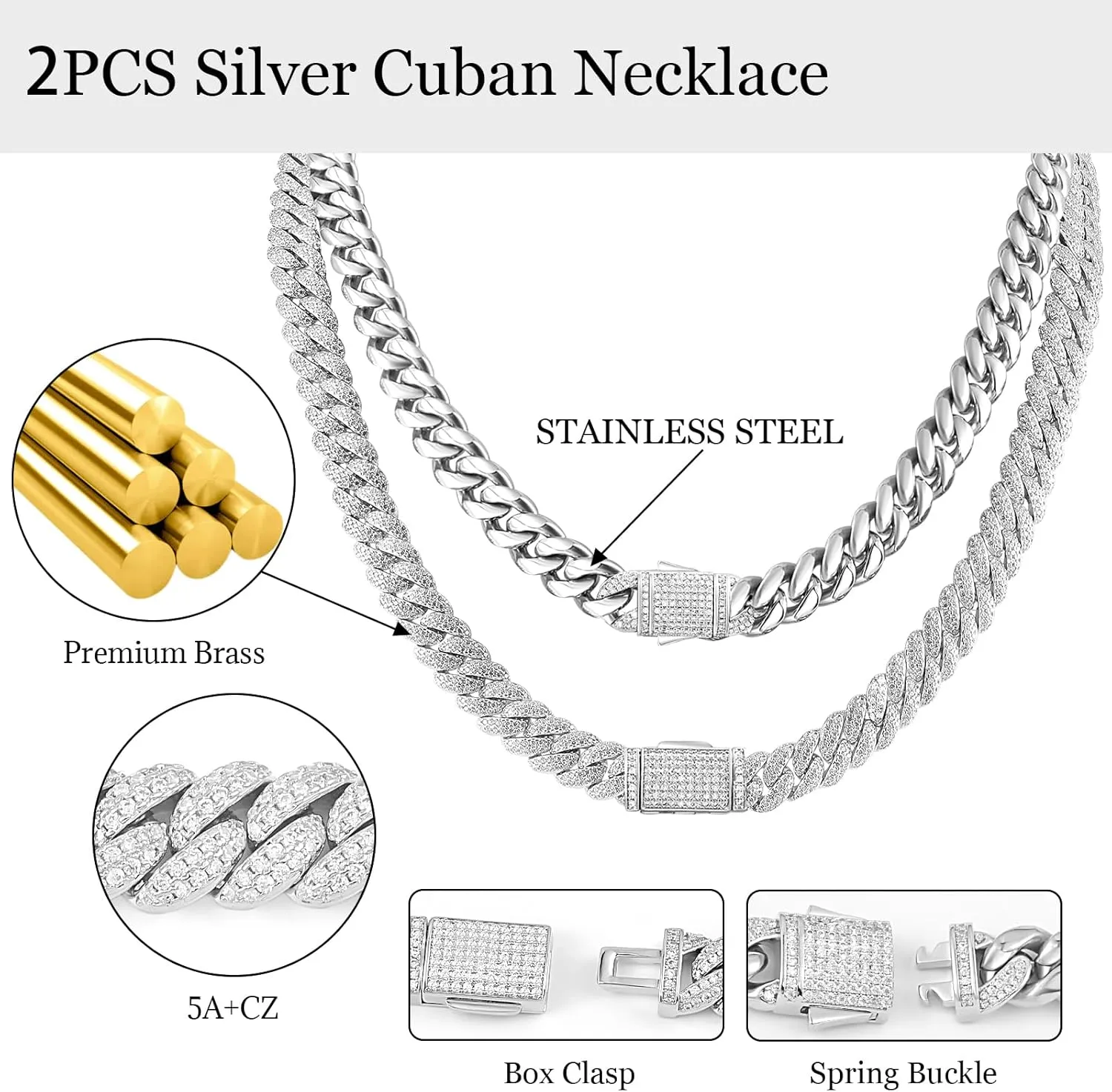 2PCS Cuban Link Chain for Men Women, 10MM Iced Out Diamond Chains 18K White Gold Plated Miami Chain Necklaces Choker Bling Luxury 5A  CZ Hip Hop Mens Jewelry Silver Thick Cuban Chain 16/18/20/22inch