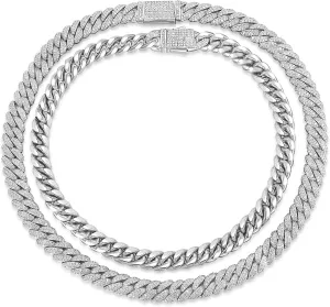 2PCS Cuban Link Chain for Men Women, 10MM Iced Out Diamond Chains 18K White Gold Plated Miami Chain Necklaces Choker Bling Luxury 5A  CZ Hip Hop Mens Jewelry Silver Thick Cuban Chain 16/18/20/22inch