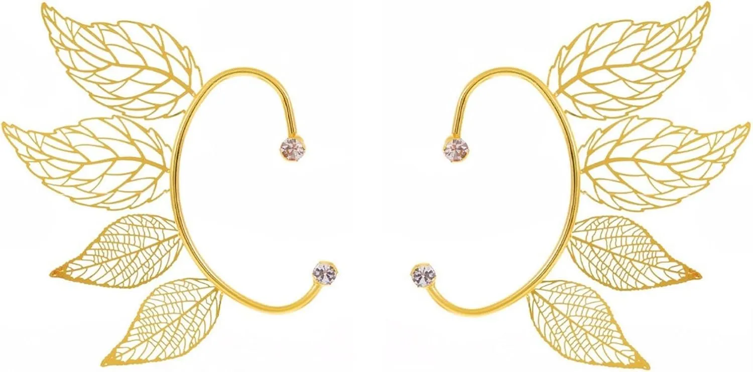 2Pcs Ear Cuff Earrings Leaf Cartilage Cuff Earrings Gold Silver CZ Adjustable Ear Clip Wrap Around Earring No Piercing for Women Jewelry