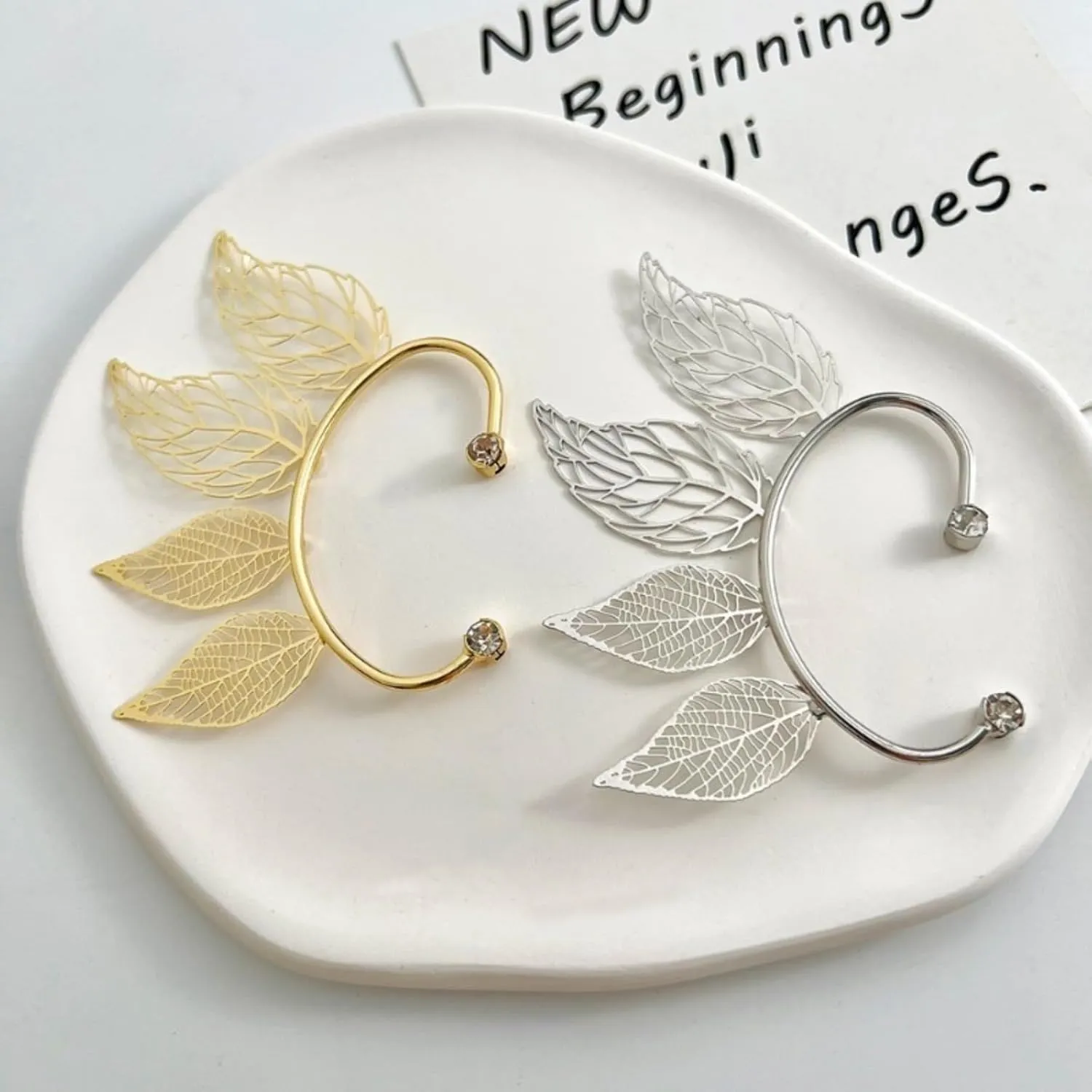 2Pcs Ear Cuff Earrings Leaf Cartilage Cuff Earrings Gold Silver CZ Adjustable Ear Clip Wrap Around Earring No Piercing for Women Jewelry