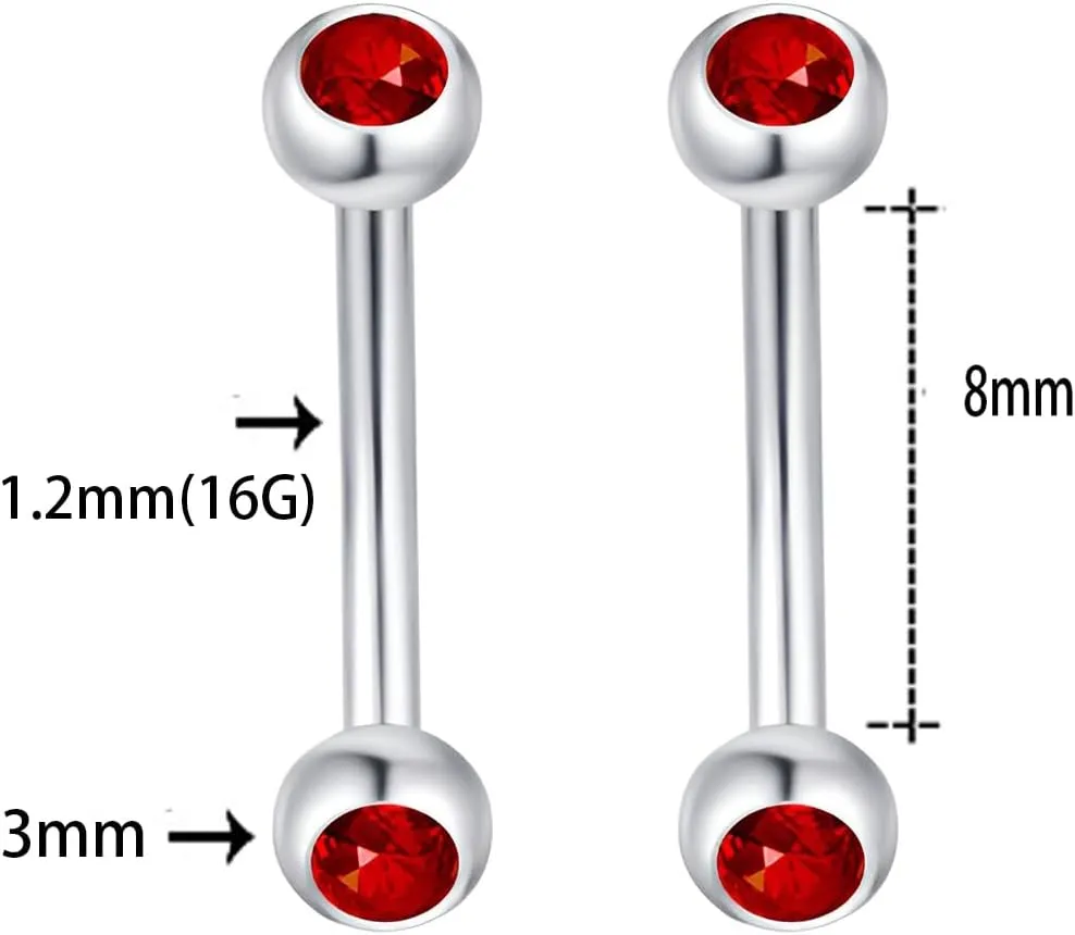 2PCS Sphere Inlay Red Zircon 1.2mm(16G) Navel Belly Studs Eyebrow Rings Lip Stud Ear Bone Nails Tongue Bars Hypoallergenic Long Body Piercing For Women Solid Titanium Steel Stainless Steel 8mm