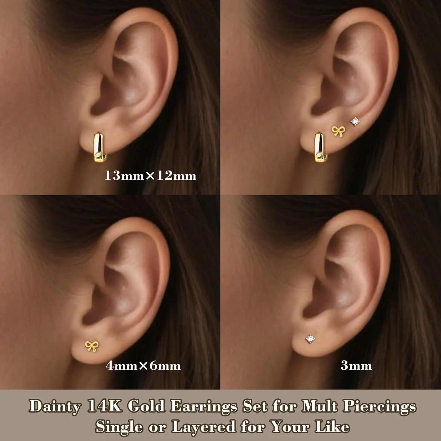 3 Pairs 925 Sterling Silver Earrings for Women, Simple 14K Gold Plated Bow CZ Stud Earring Square Huggie Hoop Earring Set, Cute Small Gold Stacked Earrings for Women Minimalists, Pack of 3 Pairs