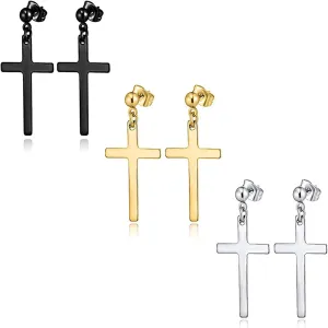 3 Pairs Mens Cross Drop Dangle Earrings Set Hanging Dangling Crucifix Stud Earingings Stainless Steel Black Gold Silver Fashion Jewelry Accessories