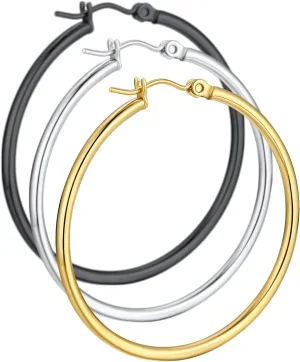 3 Pairs/Set Womens Stylish 2mm Thin Hoop Earrings Silver Gold Black Tone, Stainless Steel Earrings for Sensitive Ears Hypoallergenic, 30/40/50/60mm, Come Gift Box