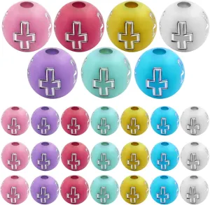 300pcs Round Cross Spacer Beads Acrylic Crucifix Ball Beads Colorful and Silver Cross Crucifix Craft Beads for DIY Rosary Necklace Bracelet Jewelry Making Dcor