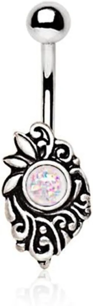 316L Stainless Steel Victorian Vine WildKlass Navel Ring with Synthetic Opal