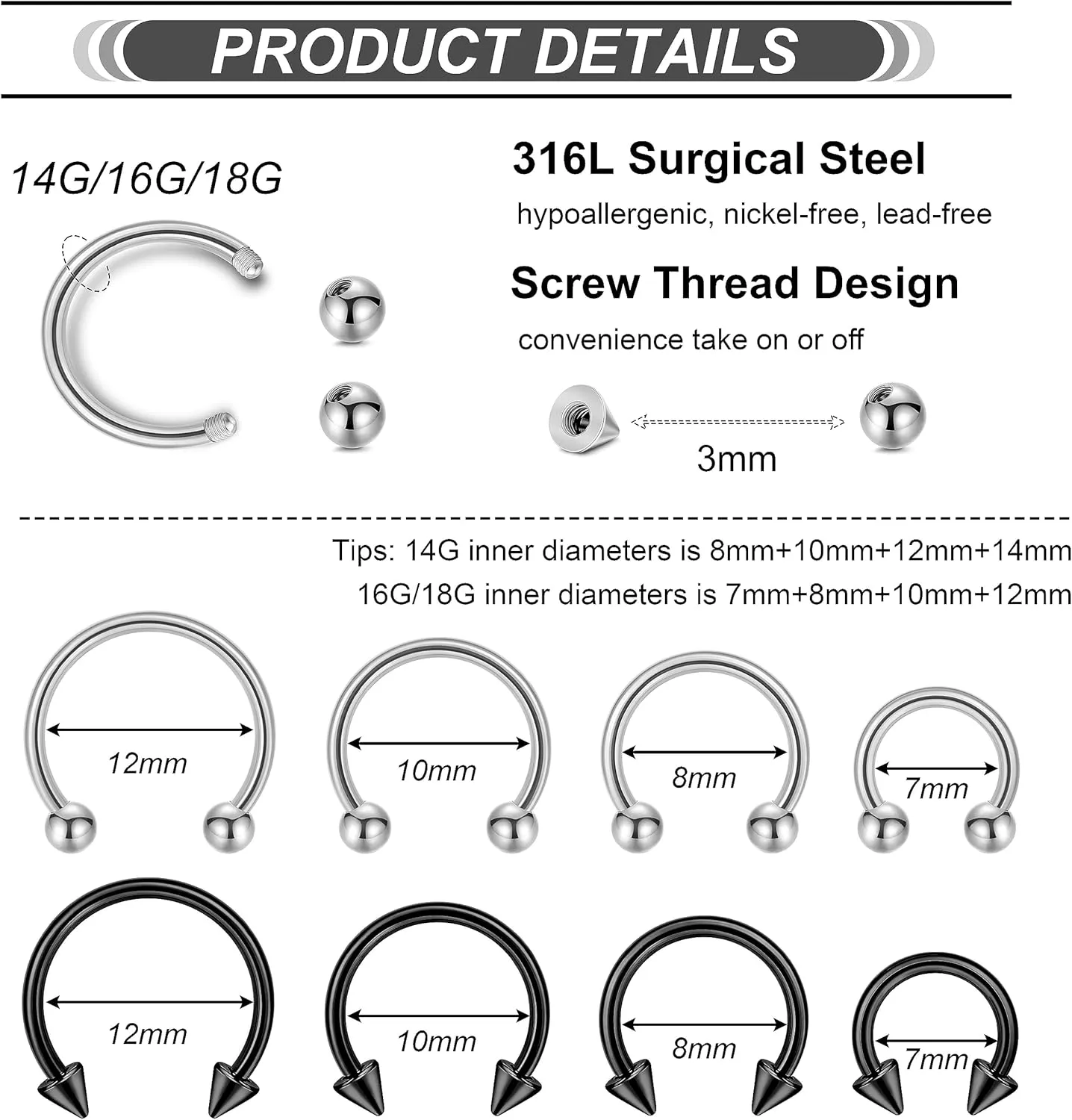 32Pcs 14G 16G 18G Surgical Steel Septum Nose Rings for Women Men Horseshoe Earrings Cartilage Helix Tragus Eyebrow Lip Daith Hoop Smily Piercing Jewelry 7-14MM