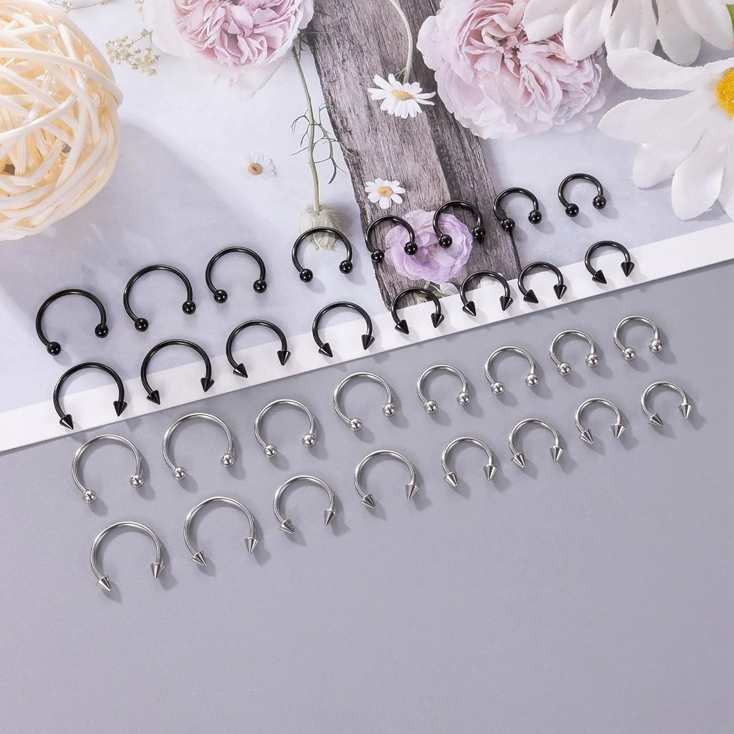 32Pcs 14G 16G 18G Surgical Steel Septum Nose Rings for Women Men Horseshoe Earrings Cartilage Helix Tragus Eyebrow Lip Daith Hoop Smily Piercing Jewelry 7-14MM