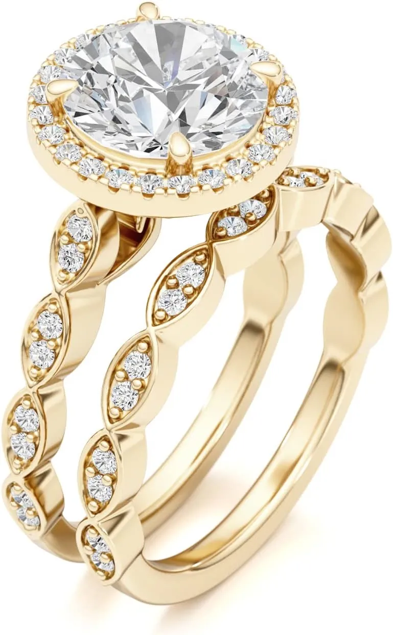 3/4 Carat Lab Grown Diamond and 3 Carat Moissanite Wedding Band Ring Set for Women in 14k White or Yellow Gold Anniversary Promise Ring