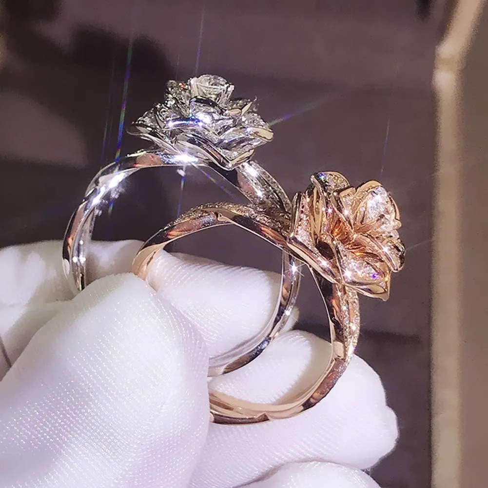 3D Rose Ring CZ Simulated Diamond Ring Rose Gold Ring Rose Flower Ring for Women