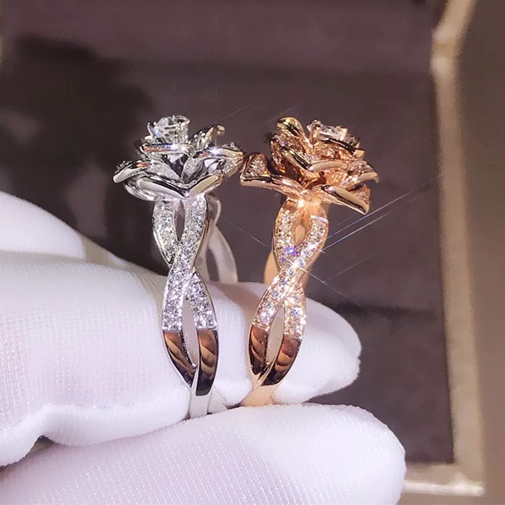 3D Rose Ring CZ Simulated Diamond Ring Rose Gold Ring Rose Flower Ring for Women