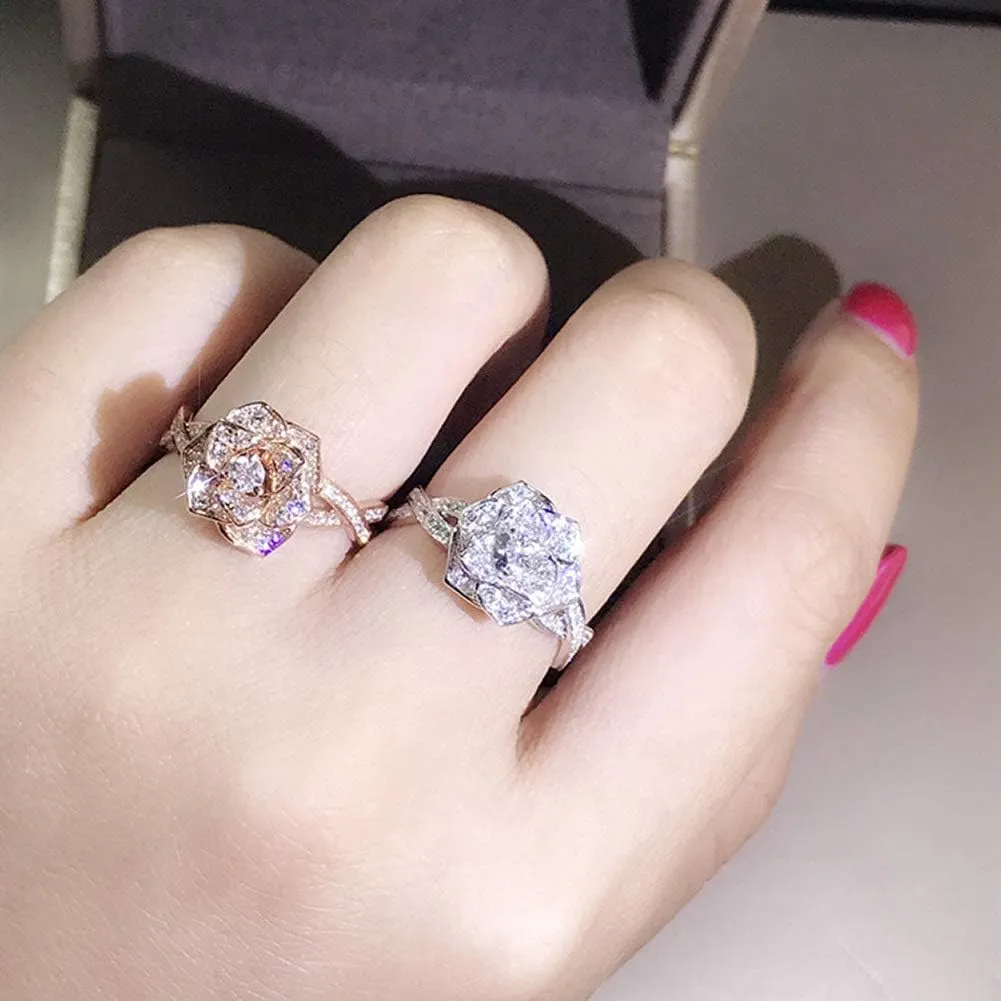 3D Rose Ring CZ Simulated Diamond Ring Rose Gold Ring Rose Flower Ring for Women