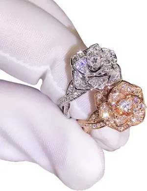 3D Rose Ring CZ Simulated Diamond Ring Rose Gold Ring Rose Flower Ring for Women