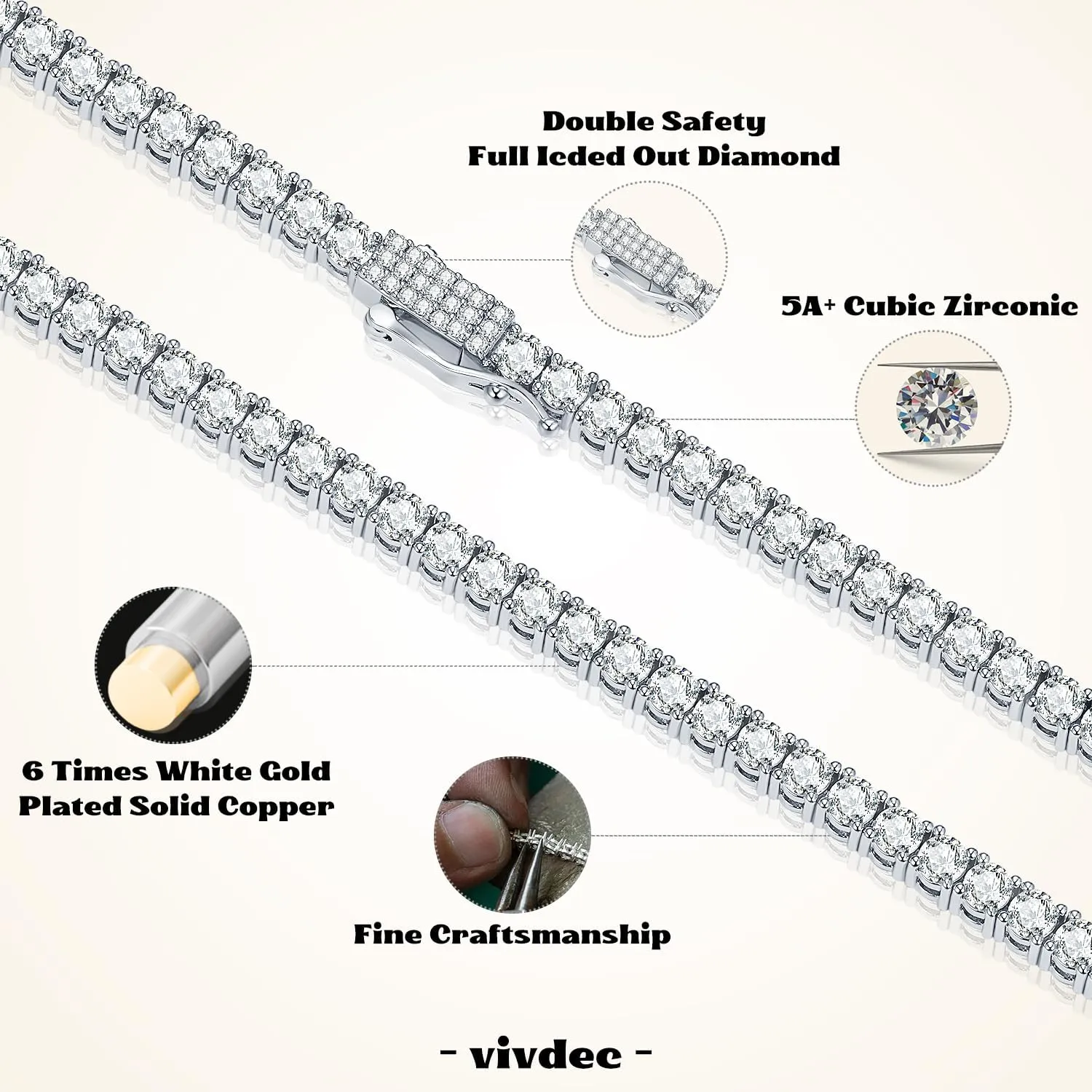 3MM Tennis Chain for Men Women, Real 18K White Gold Plated Iced Out Necklace, Gift for Birthday & Christmas(Double Safety Cubic Zirconia Clasp, Delicate Package)