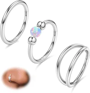 3pcs Nose Rings Hoops 316L Surgical Steel Double Hoop Nose Ring for Women 14K Gold Opal Nose Ring 18G/20G Hinged Nose Piercings Jewelry Septum Rings Cartilage Earring Helix Rook Tragus Daith 8mm