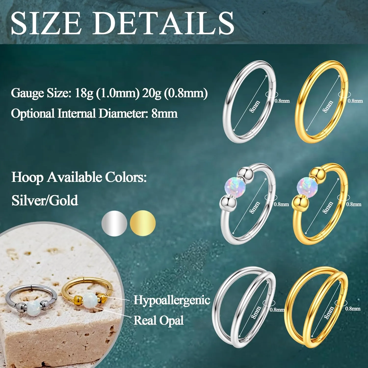 3pcs Nose Rings Hoops 316L Surgical Steel Double Hoop Nose Ring for Women 14K Gold Opal Nose Ring 18G/20G Hinged Nose Piercings Jewelry Septum Rings Cartilage Earring Helix Rook Tragus Daith 8mm