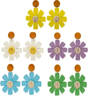 4-5 Pair Daisy Flower Earrings for Women Teen Girl,Colorful 3D Sunflower Flower Drop Earring Summer Statement Earrings Wild Lily Petals Hawaii Plant Earrings