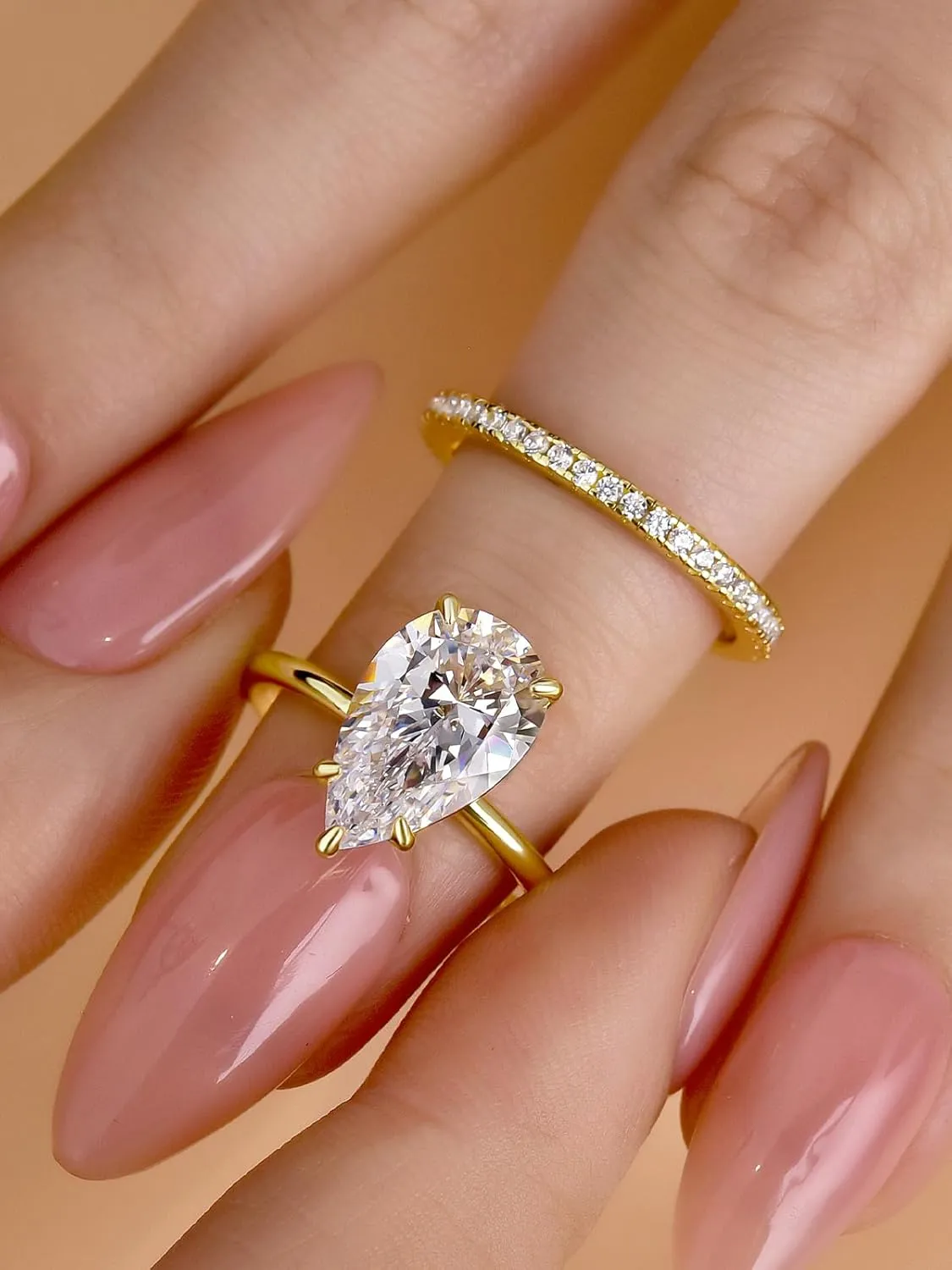 4.0CT Pear Cut Engagement Ring Set for Women,14K Yellow Gold Plated 925 Sterling Silver Simulated Diamond Bridal Wedding Ring Set