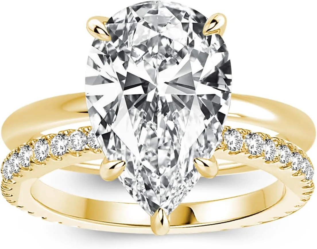 4.0CT Pear Cut Engagement Ring Set for Women,14K Yellow Gold Plated 925 Sterling Silver Simulated Diamond Bridal Wedding Ring Set