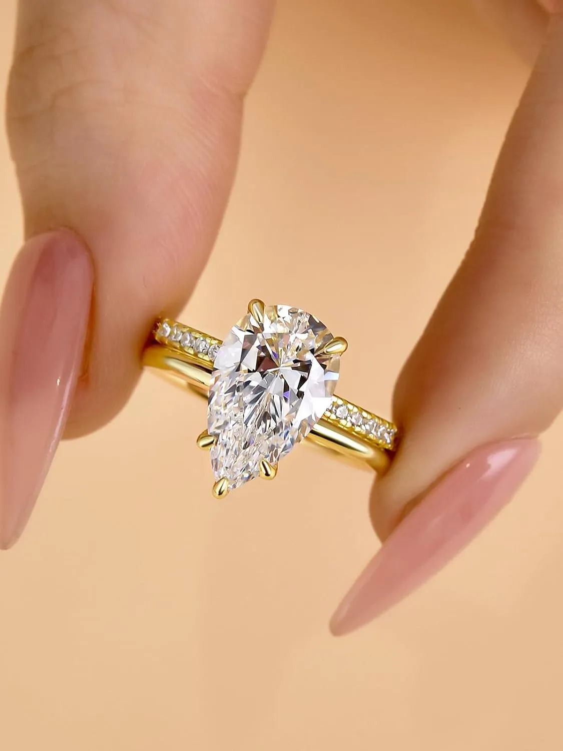 4.0CT Pear Cut Engagement Ring Set for Women,14K Yellow Gold Plated 925 Sterling Silver Simulated Diamond Bridal Wedding Ring Set