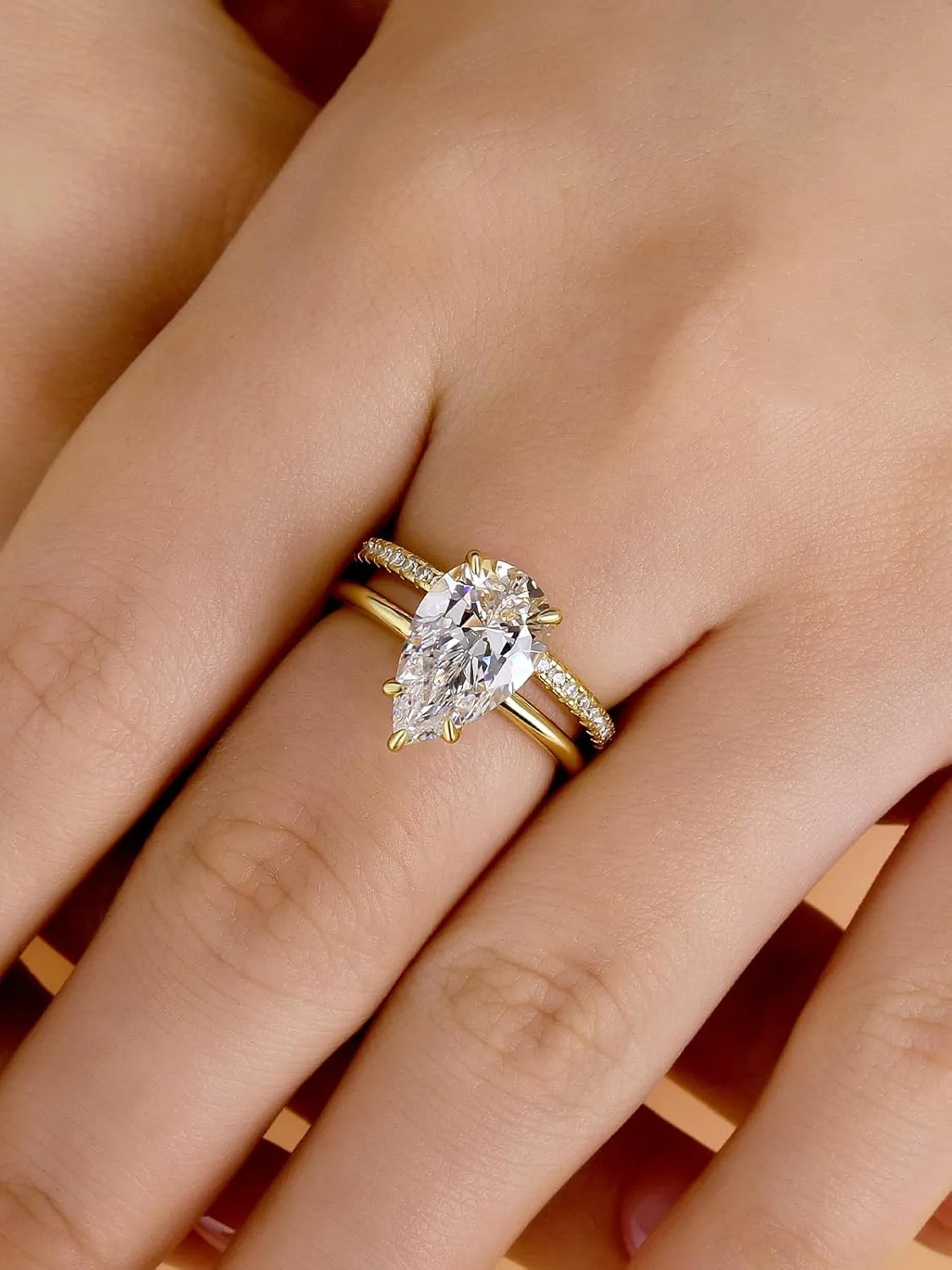 4.0CT Pear Cut Engagement Ring Set for Women,14K Yellow Gold Plated 925 Sterling Silver Simulated Diamond Bridal Wedding Ring Set