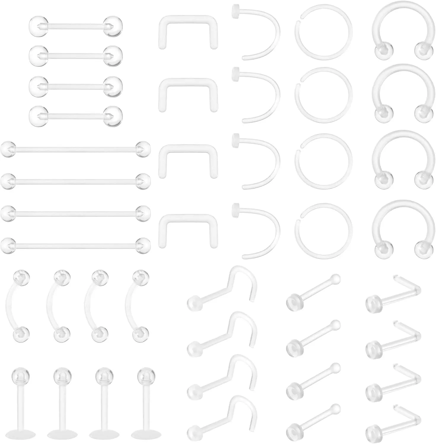 44pcs Acrylic Nose Piercing Clear Piercing Retainers Clear Piercing Jewelry Eyebrow Nipple Lip Nose Tongue Belly Button Rings Peircing Kit for Work Surgery