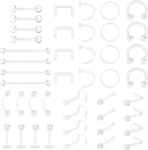 44pcs Acrylic Nose Piercing Clear Piercing Retainers Clear Piercing Jewelry Eyebrow Nipple Lip Nose Tongue Belly Button Rings Peircing Kit for Work Surgery