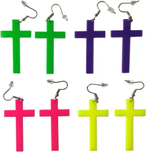 4Pairs Punk 80's Fluorescent Neon Acrylic Lightning Cross Bolt Dangle Earring Set Multicolor Gothic Hollow Out Lightning Statement Earring for Women Exaggerated Halloween Jewelry Gift