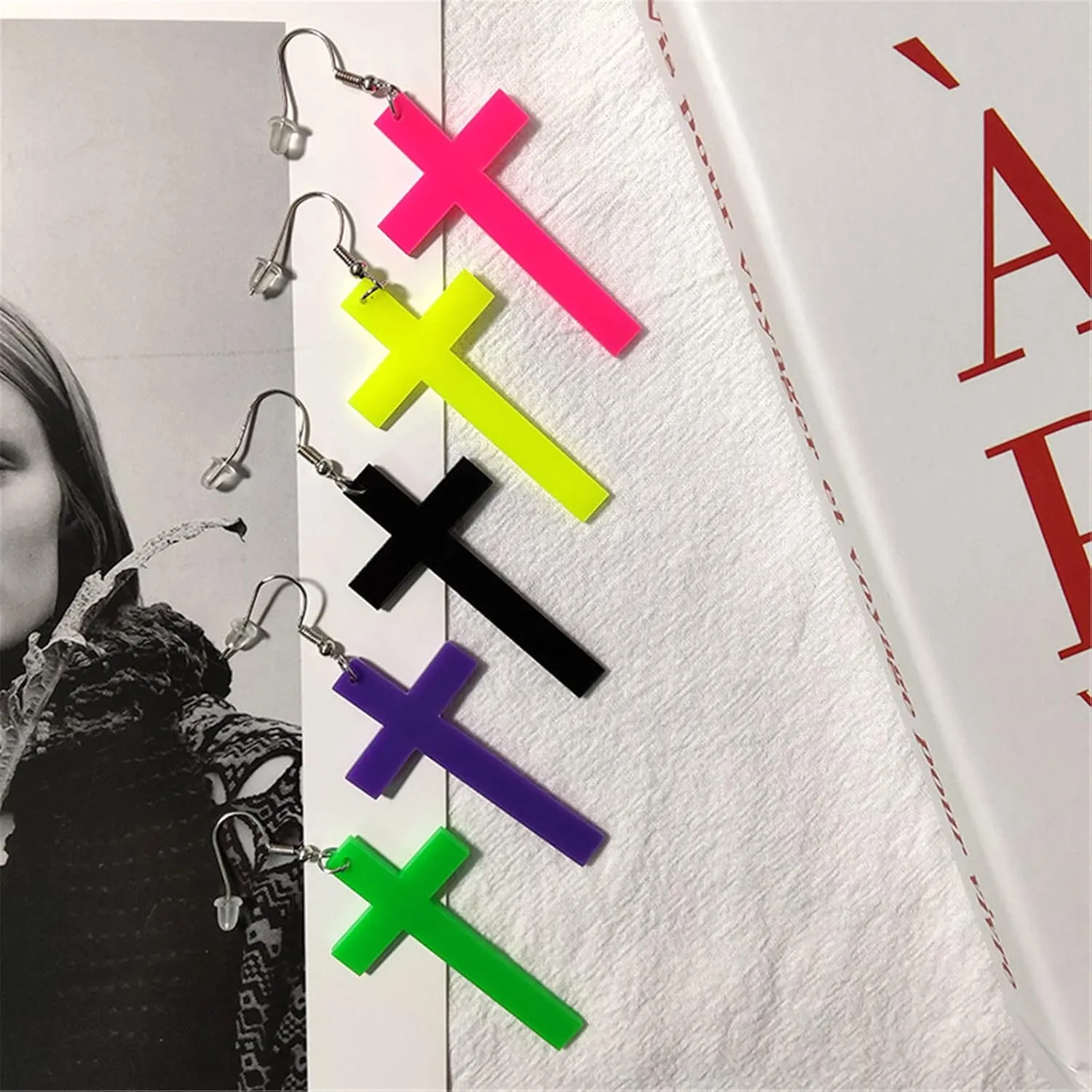 4Pairs Punk 80's Fluorescent Neon Acrylic Lightning Cross Bolt Dangle Earring Set Multicolor Gothic Hollow Out Lightning Statement Earring for Women Exaggerated Halloween Jewelry Gift