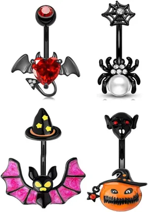 4Pcs 14G Halloween Bat Pumpkin Spider Devil Heart Belly Button Rings for Women Black Stainless Steel Belly Navel Rings Curved Barbells Halloween Body Piercing Jewelry