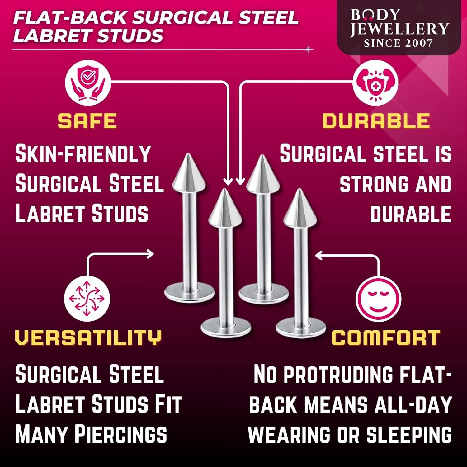 4pcs 14g Labret Studs Lip Ring Snake Spider Bite Forward Helix Monroe Dahlia Inner Conch Surgical Steel 3mm Spike Pick Size