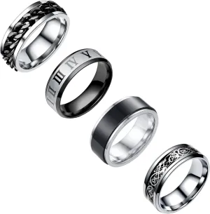 4PCS Plain Band Rings for Men - Stainless Steel Wedding Totem Set - Silver Vintage Anxiety Fidget Rings - Size 7-12