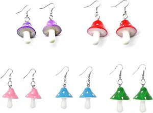 5 Pairs Dainty Mushroom Shape Pendant Earrings Set Sweet Fresh Mushroom Drop Earrings Colorful Earring Set for Women Girls Jewelry