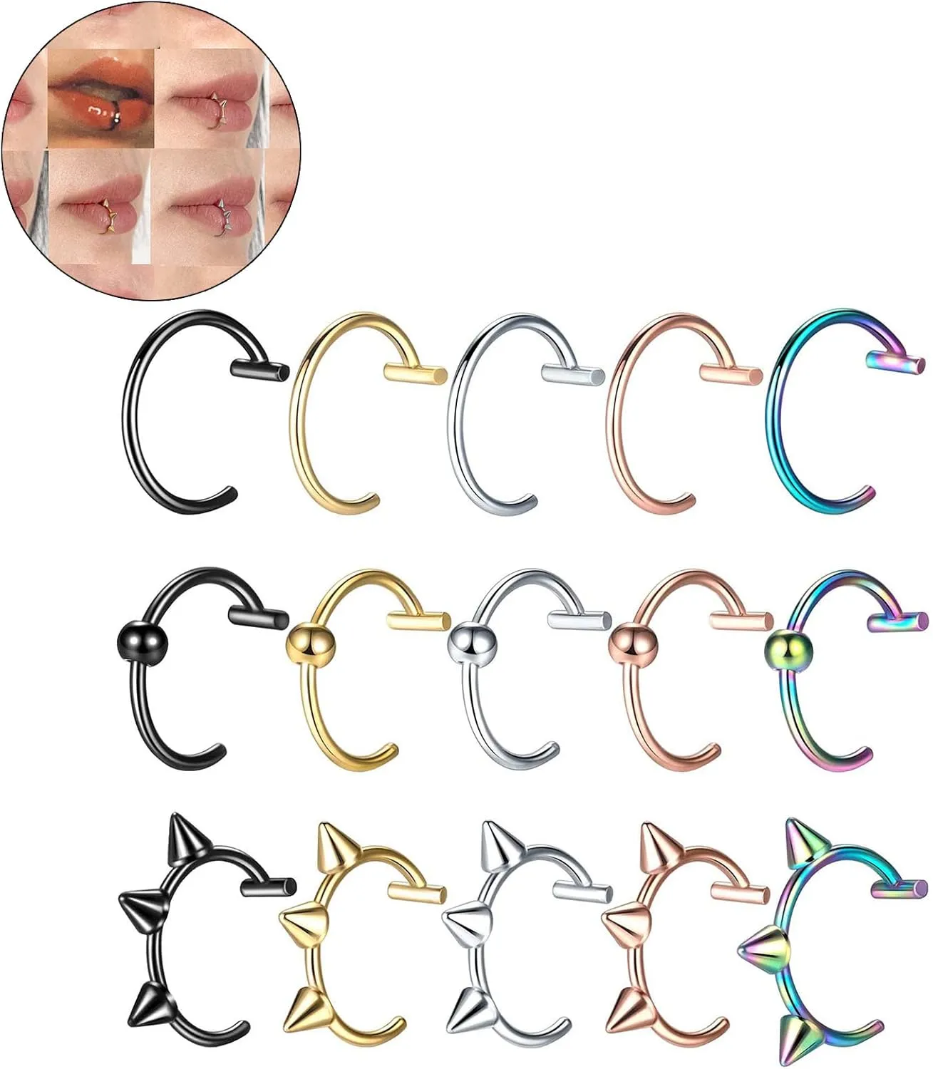 5 Pieces/15 Pieces 10mm Punk Stainless Steel Fake Lip Rings C-Clip Lip Rings Helix Rook Tragus Faux Septum Body Piercing Jewelry