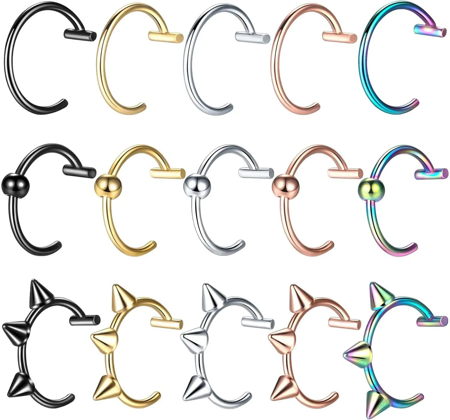 5 pieces/15 Pieces 10mm Punk Stainless Steel Fake Lip Rings C-Clip Lip Rings Rook Tragus Faux Septum Body Piercing Jewelry
