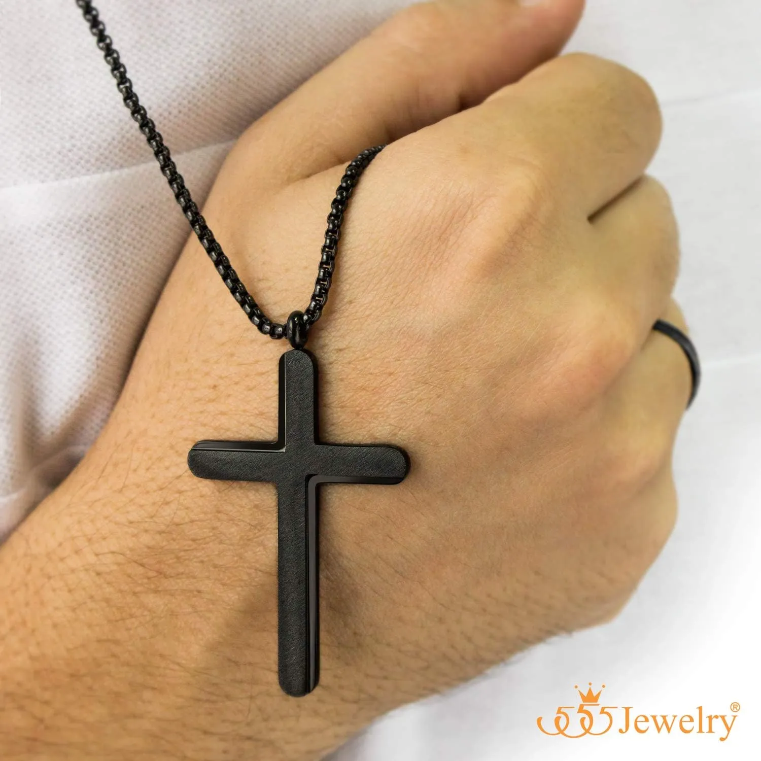 555Jewelry Cross Necklace for Men Women Brushed Stainless Steel Pendant, 18-24" Chain