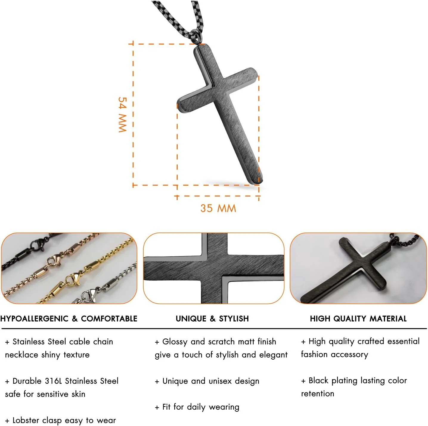 555Jewelry Cross Necklace for Men Women Brushed Stainless Steel Pendant, 18-24" Chain