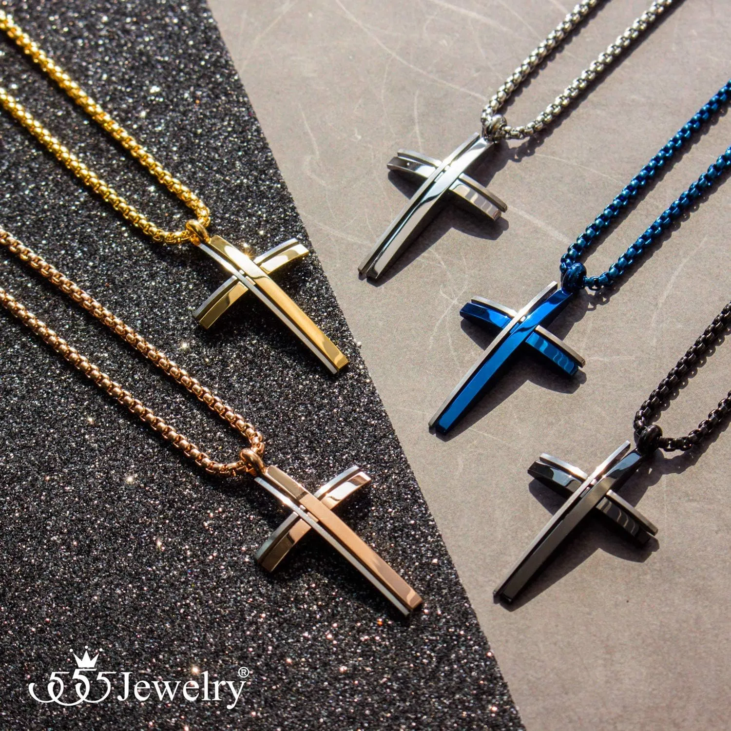 555Jewelry Grooved Stainless Steel Cross Necklace for Men and Women 16-24" Chain