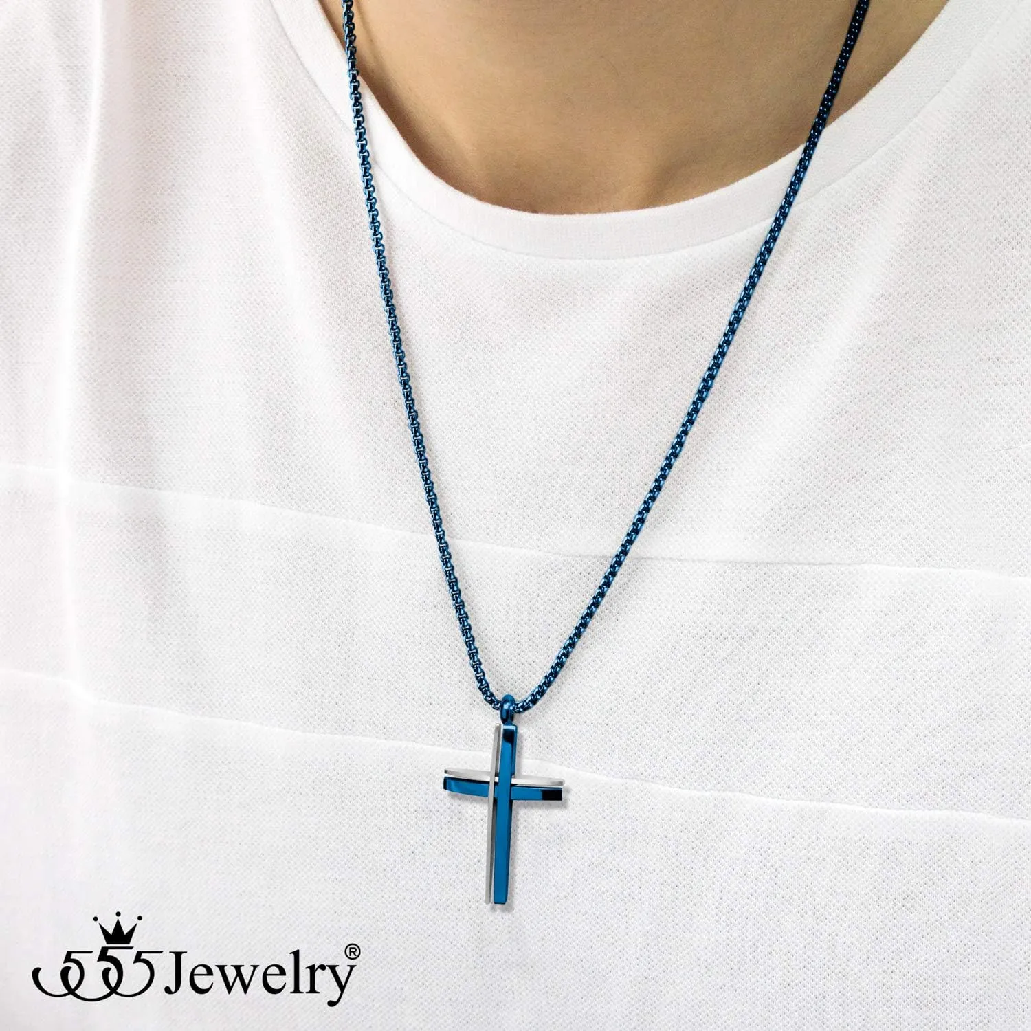 555Jewelry Grooved Stainless Steel Cross Necklace for Men and Women 16-24" Chain