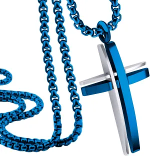 555Jewelry Grooved Stainless Steel Cross Necklace for Men and Women 16-24" Chain