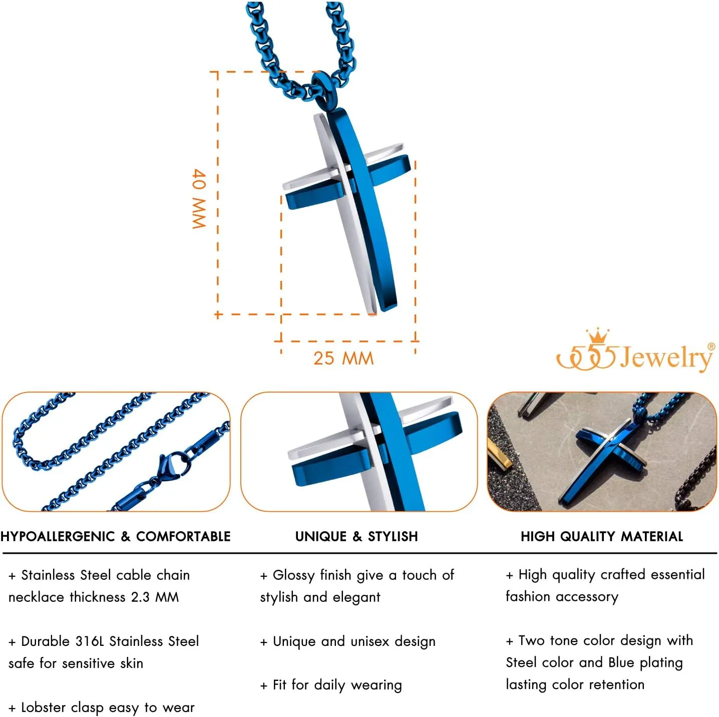 555Jewelry Grooved Stainless Steel Cross Necklace for Men and Women 16-24" Chain