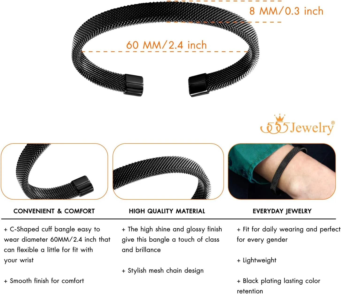 555Jewelry Unisex Stainless Steel Mesh Open Cuff Bangle Bracelet for Men & Women