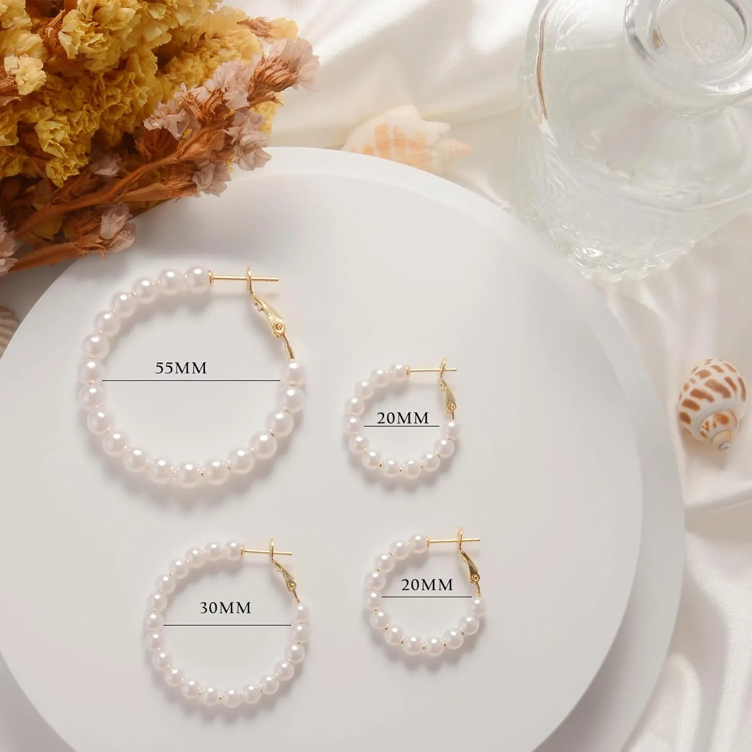 5MM Thick Pearl Hoop Earrings for Women, Lightweight Pearl Earrings with 925 Sterling Silver Post, Hypoallergenic Pearl Hoop Earrings 20/30/55MM